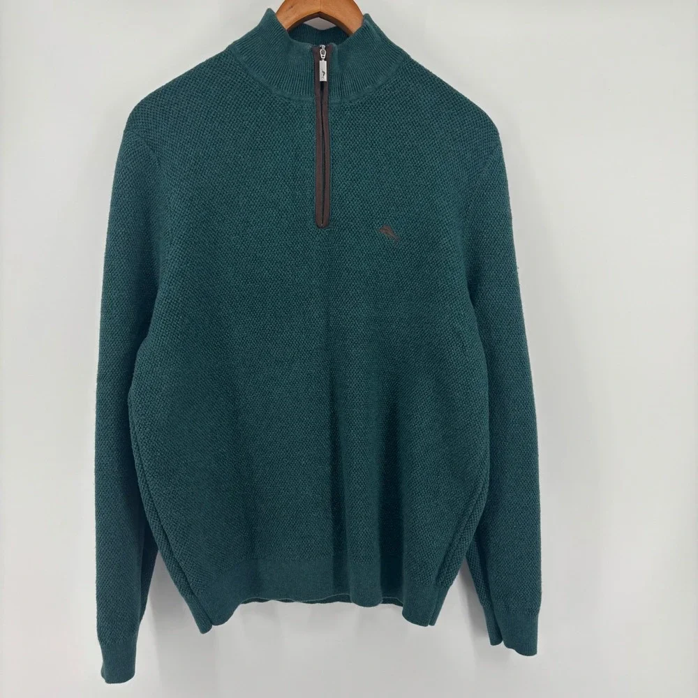 Tommy Bahama Mens Teal Green Cotton Silk Cashmere Quarter Zip Sweater Small